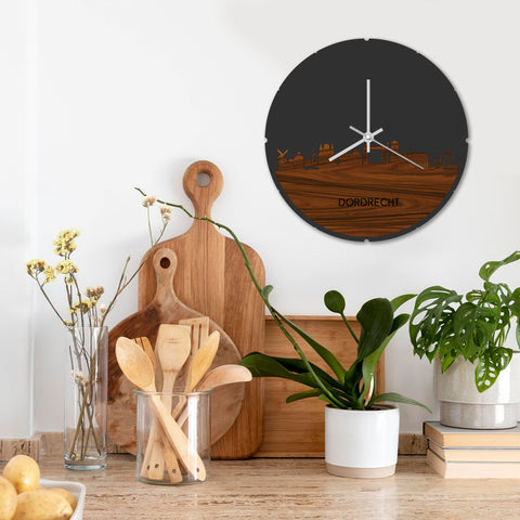 Skyline Klok Rond Dordrecht Palissander houten cadeau decoratie relatiegeschenk van WoodWideCities
