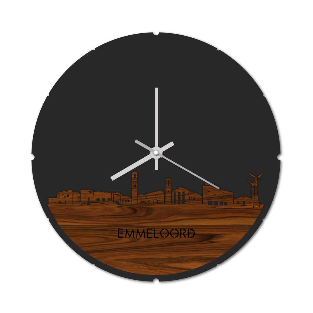 Skyline Klok Rond Emmeloord Palissander houten cadeau decoratie relatiegeschenk van WoodWideCities