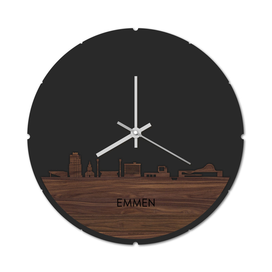 Skyline Klok Rond Emmen Noten Noten houten cadeau decoratie relatiegeschenk van WoodWideCities