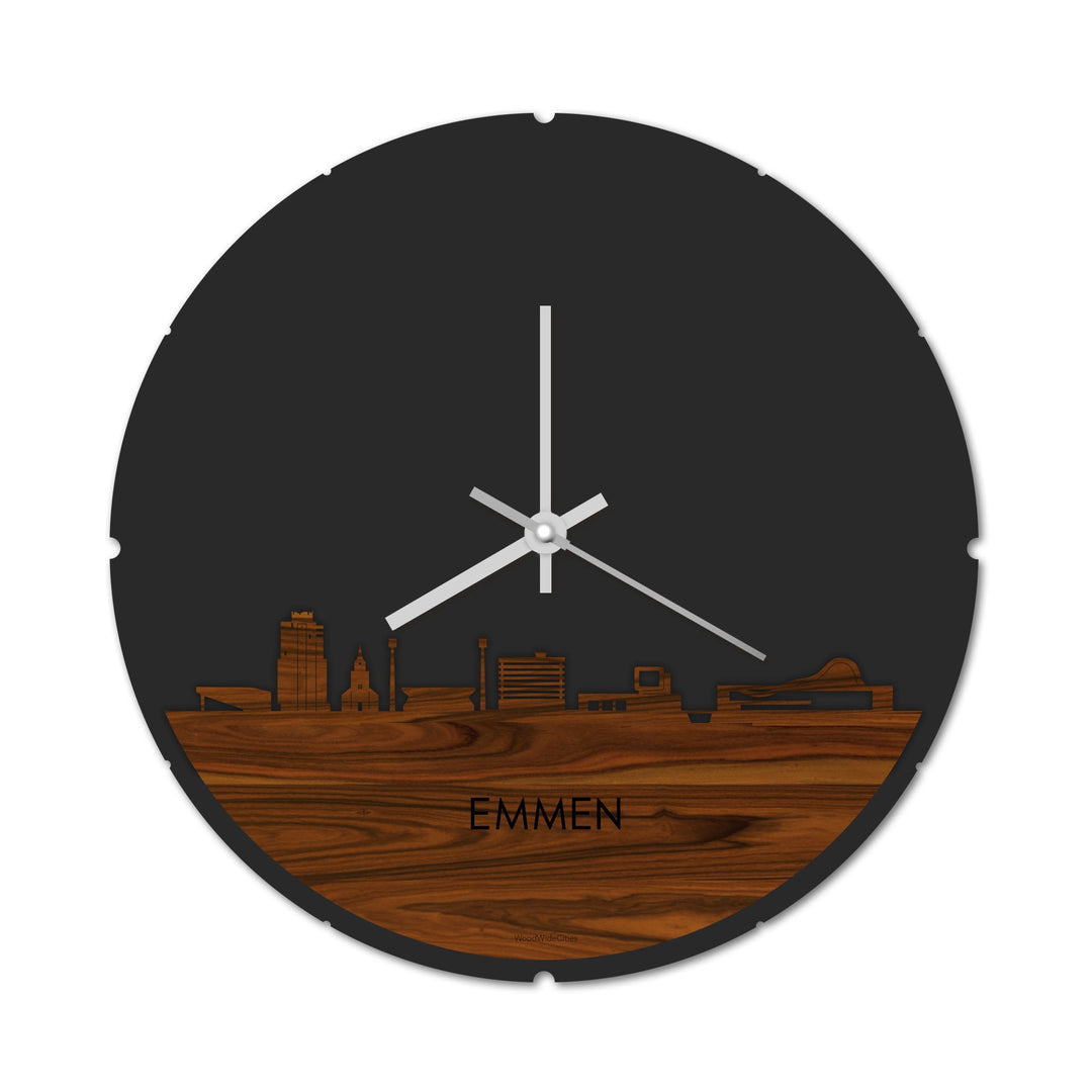 Skyline Klok Rond Emmen Palissander Palissander houten cadeau decoratie relatiegeschenk van WoodWideCities