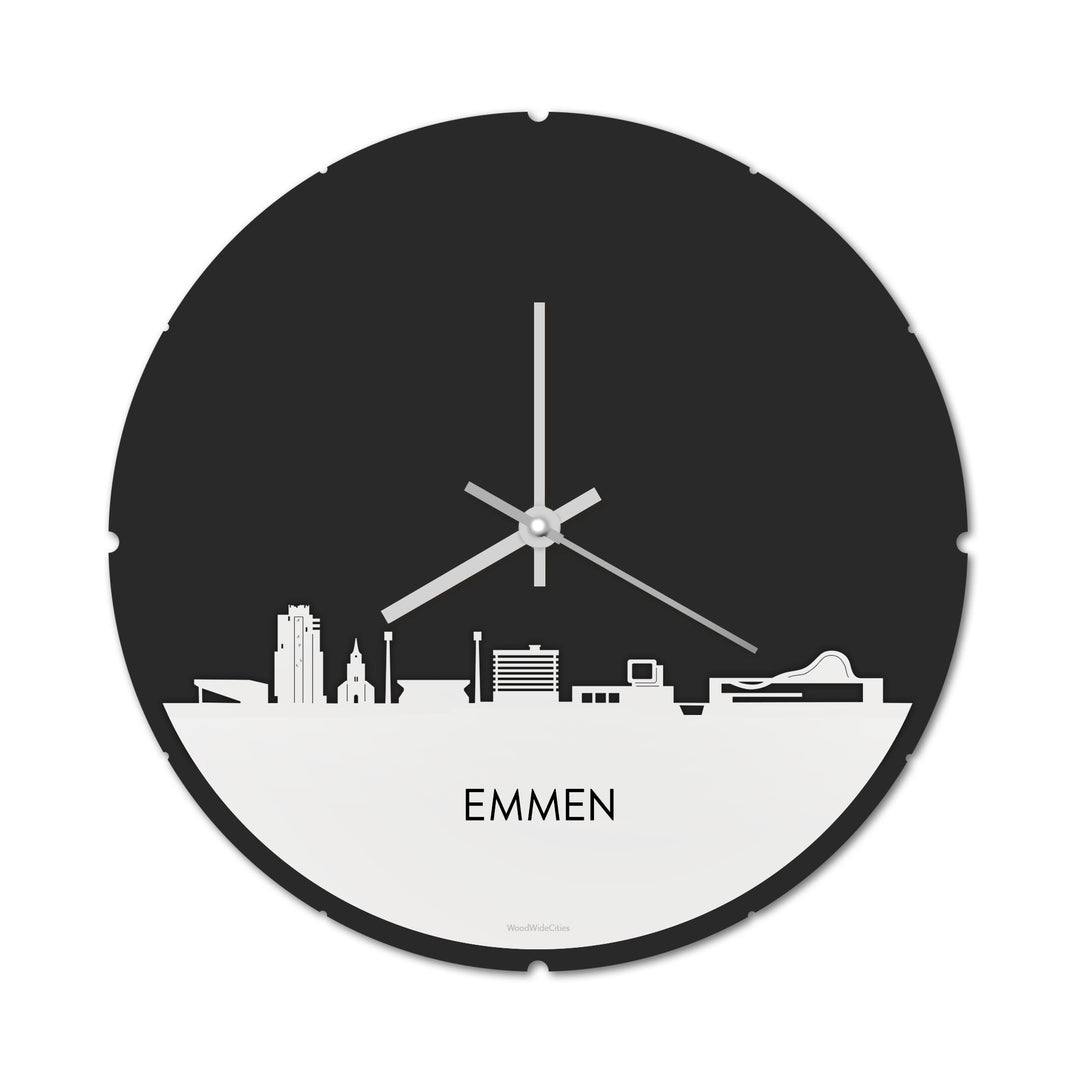 Skyline Klok Rond Emmen Wit glanzend gerecycled kunststof cadeau decoratie relatiegeschenk van WoodWideCities