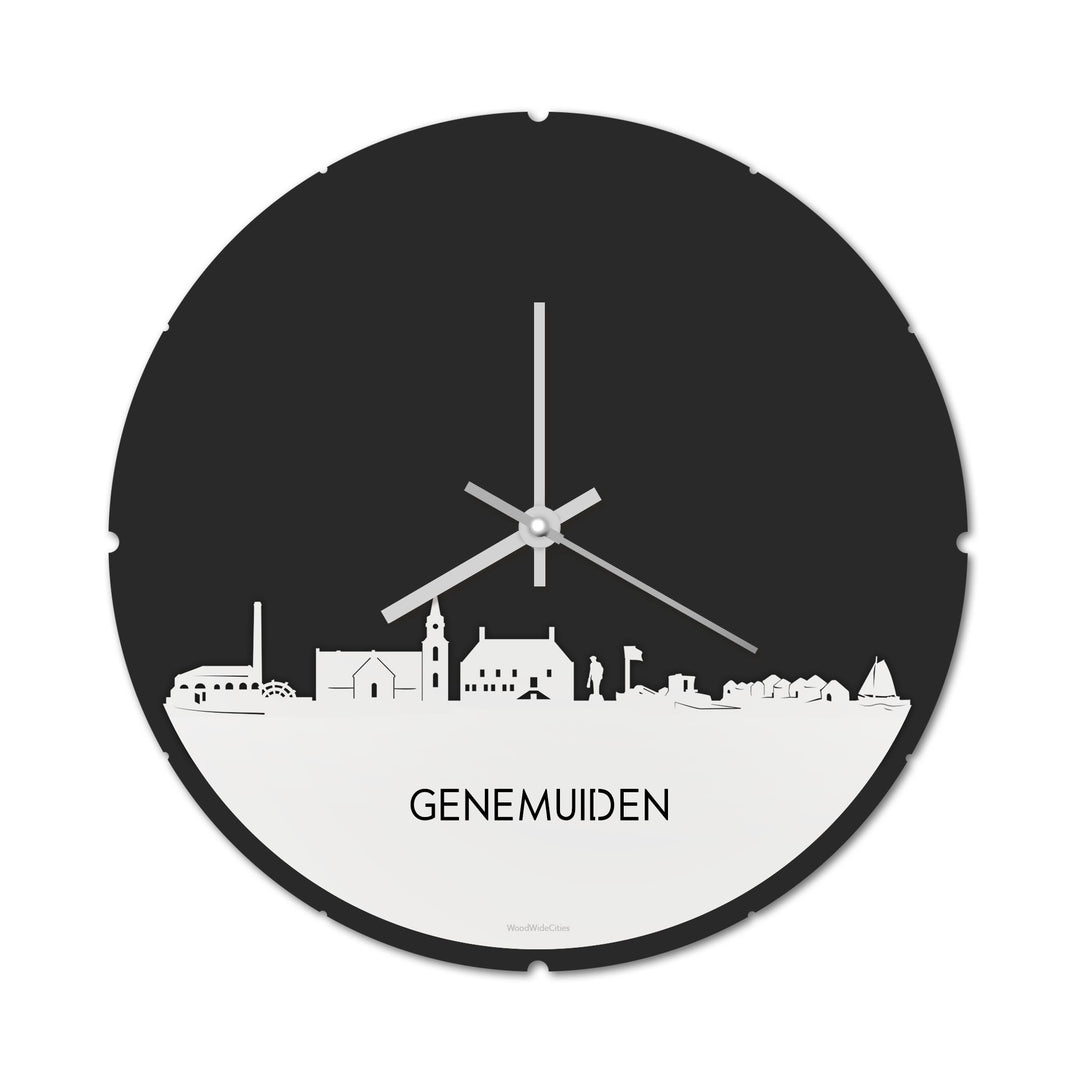 Skyline Klok Rond Genemuiden Wit glanzend gerecycled kunststof cadeau decoratie relatiegeschenk van WoodWideCities