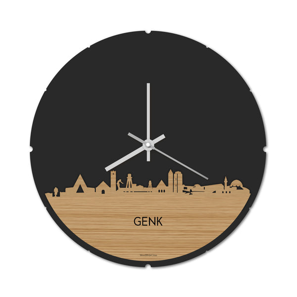 Skyline Klok Rond Genk Bamboe houten cadeau decoratie relatiegeschenk van WoodWideCities