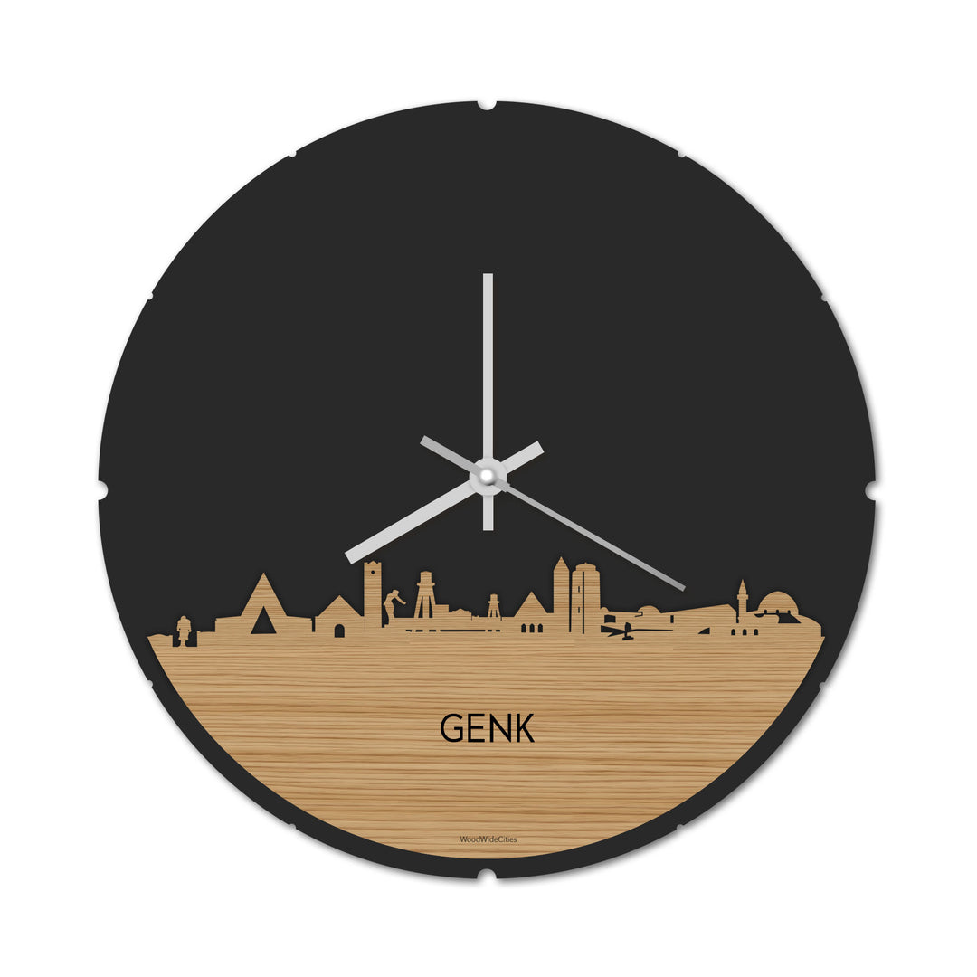 Skyline Klok Rond Genk Bamboe houten cadeau decoratie relatiegeschenk van WoodWideCities