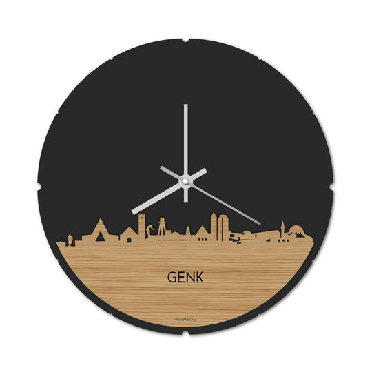 Skyline Klok Rond Genk Bamboe houten cadeau decoratie relatiegeschenk van WoodWideCities