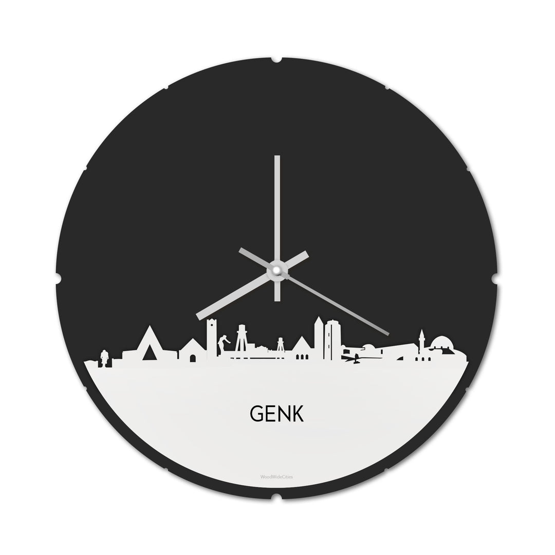 Skyline Klok Rond Genk Wit glanzend gerecycled kunststof cadeau decoratie relatiegeschenk van WoodWideCities