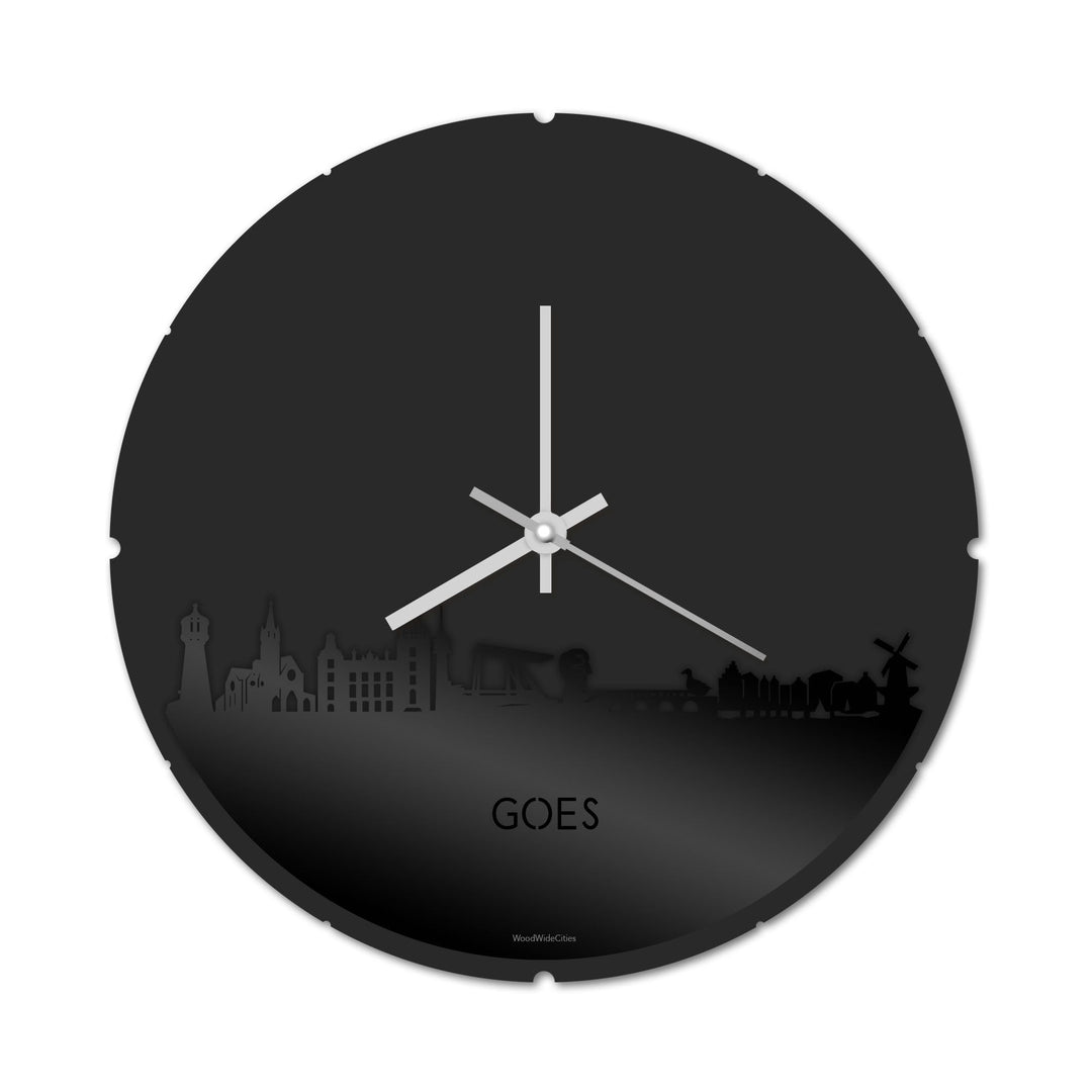 Skyline Klok Rond Goes Zwart glanzend gerecycled kunststof cadeau decoratie relatiegeschenk van WoodWideCities