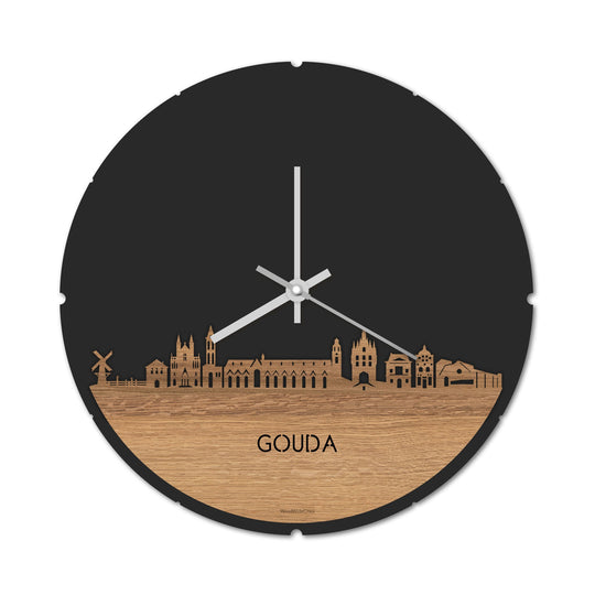 Skyline Klok Rond Gouda Eiken houten cadeau decoratie relatiegeschenk van WoodWideCities
