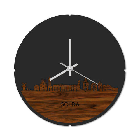 Skyline Klok Rond Gouda Palissander houten cadeau decoratie relatiegeschenk van WoodWideCities