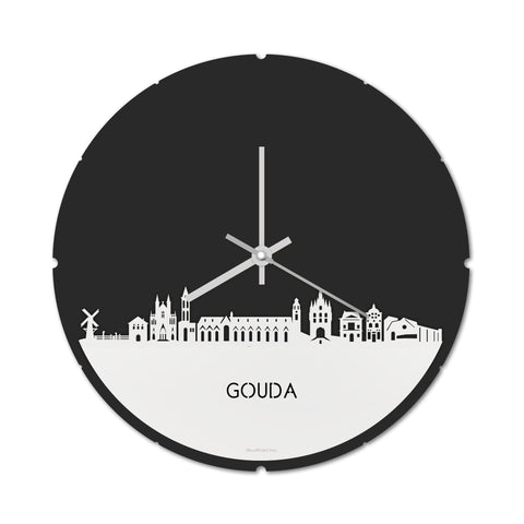Skyline Klok Rond Gouda Wit glanzend gerecycled kunststof cadeau decoratie relatiegeschenk van WoodWideCities