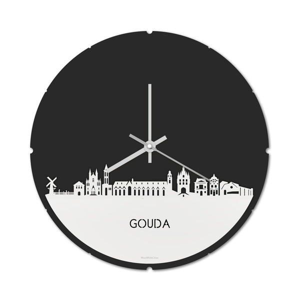 Skyline Klok Rond Gouda Wit glanzend gerecycled kunststof cadeau decoratie relatiegeschenk van WoodWideCities