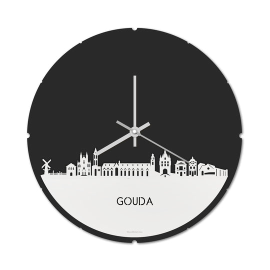 Skyline Klok Rond Gouda Wit glanzend gerecycled kunststof cadeau decoratie relatiegeschenk van WoodWideCities