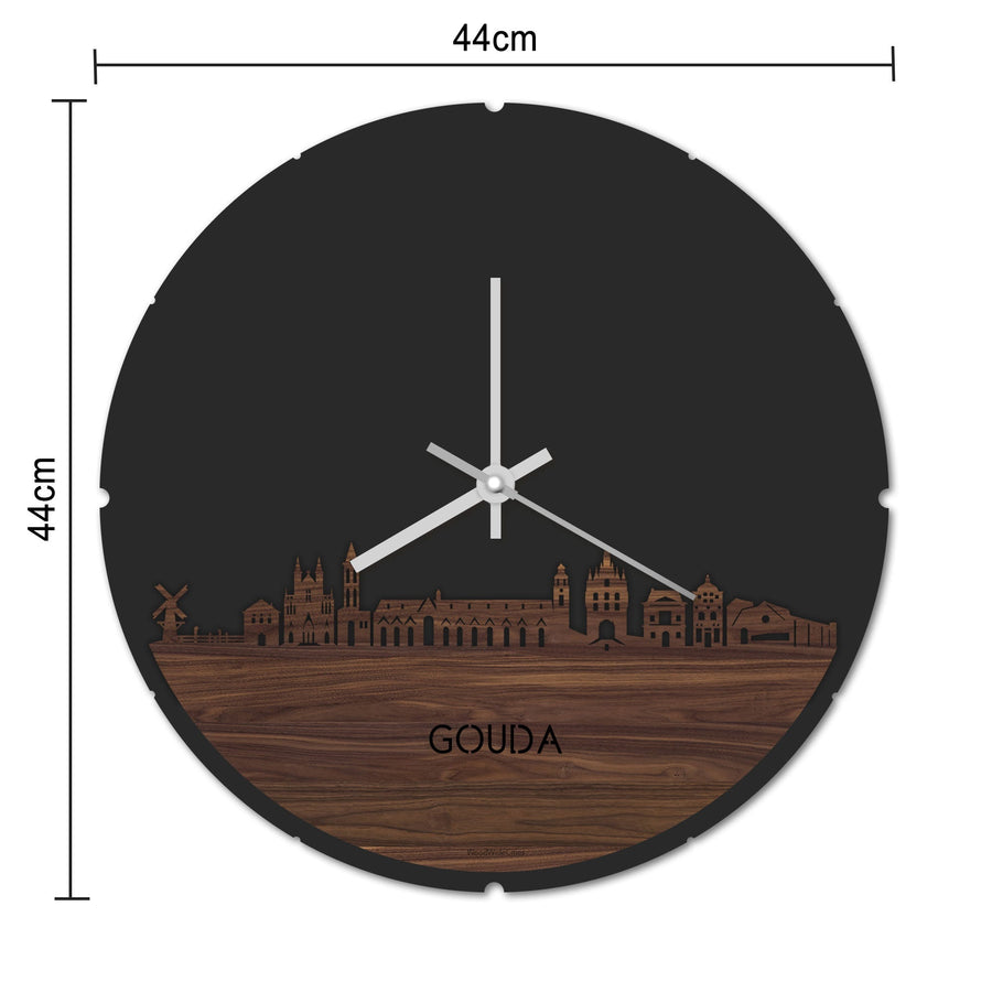 Skyline Klok Rond Gouda Zwart glanzend gerecycled kunststof cadeau decoratie relatiegeschenk van WoodWideCities