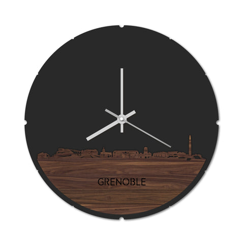 Skyline Klok Rond Grenoble Noten houten cadeau decoratie relatiegeschenk van WoodWideCities