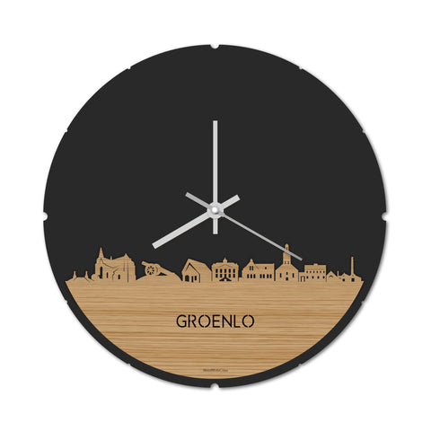 Skyline Klok Rond Groenlo Bamboe houten cadeau decoratie relatiegeschenk van WoodWideCities