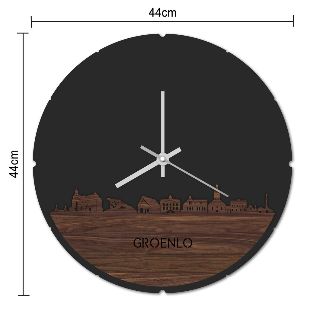 Skyline Klok Rond Groenlo Noten houten cadeau decoratie relatiegeschenk van WoodWideCities