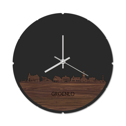 Skyline Klok Rond Groenlo Noten houten cadeau decoratie relatiegeschenk van WoodWideCities