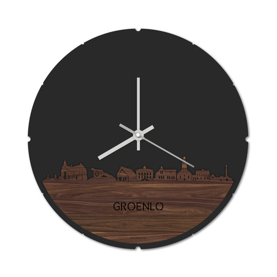 Skyline Klok Rond Groenlo Noten houten cadeau decoratie relatiegeschenk van WoodWideCities