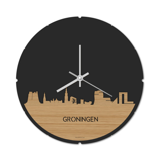 Skyline Klok Rond Groningen Bamboe Bamboe  houten cadeau decoratie relatiegeschenk van WoodWideCities