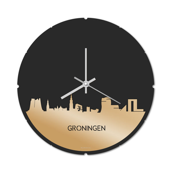 Skyline Klok Rond Groningen Metallic Goud gerecycled kunststof cadeau decoratie relatiegeschenk van WoodWideCities