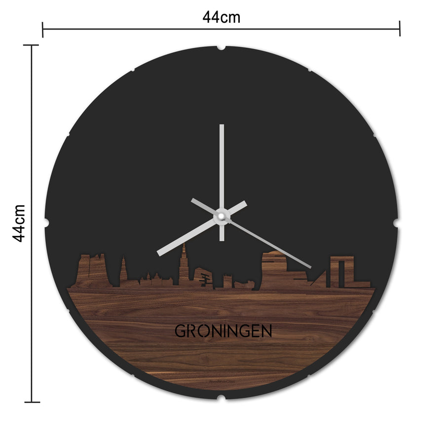 Skyline Klok Rond Groningen Noten Noten houten cadeau decoratie relatiegeschenk van WoodWideCities