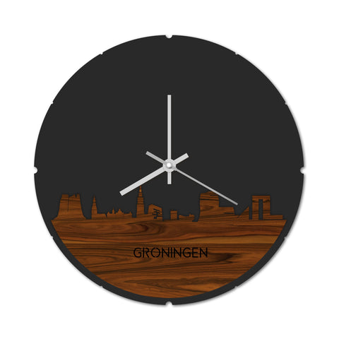 Skyline Klok Rond Groningen Palissander houten cadeau decoratie relatiegeschenk van WoodWideCities