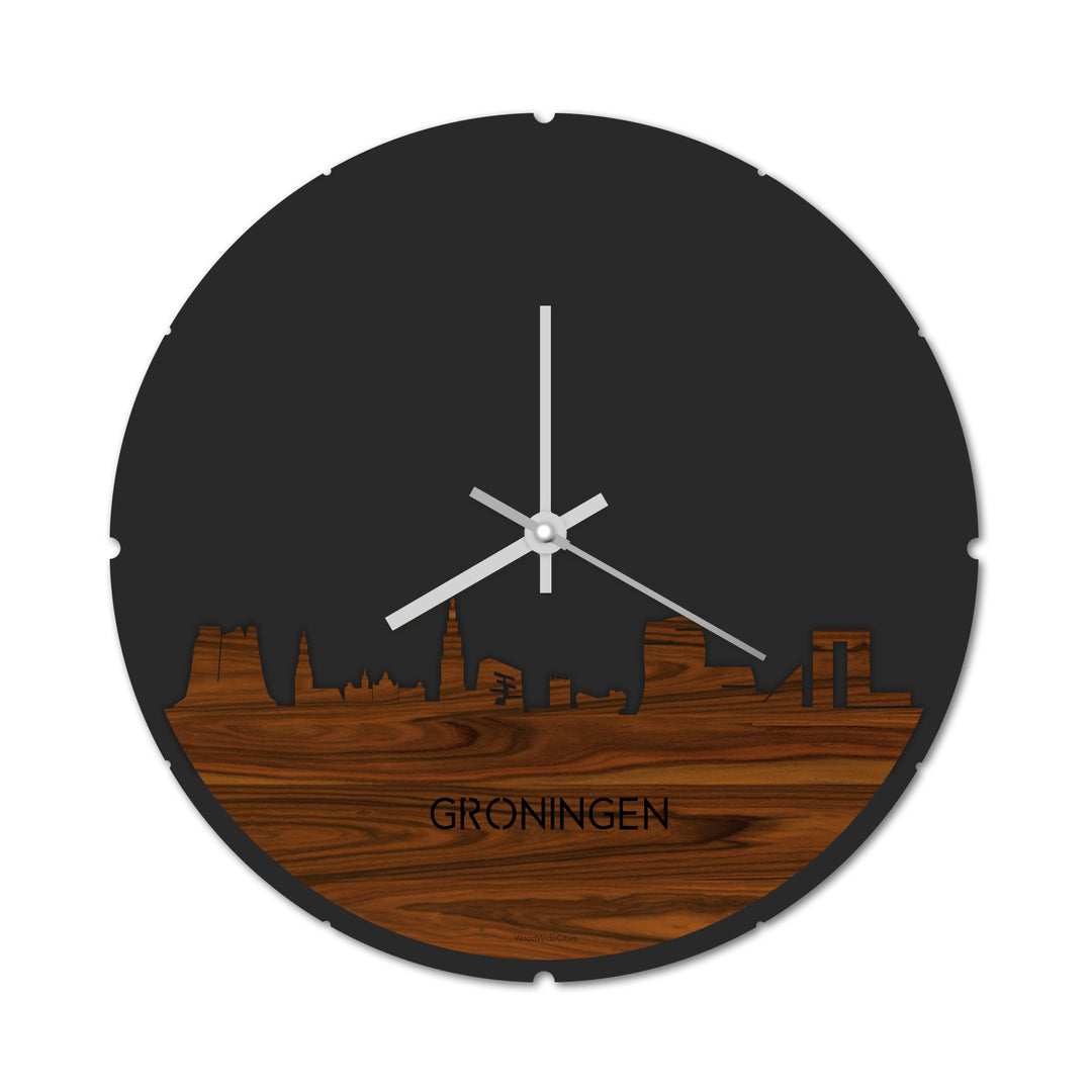 Skyline Klok Rond Groningen Palissander houten cadeau decoratie relatiegeschenk van WoodWideCities