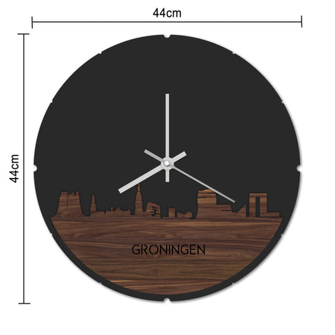 Skyline Klok Rond Groningen Zwart glanzend gerecycled kunststof cadeau decoratie relatiegeschenk van WoodWideCities