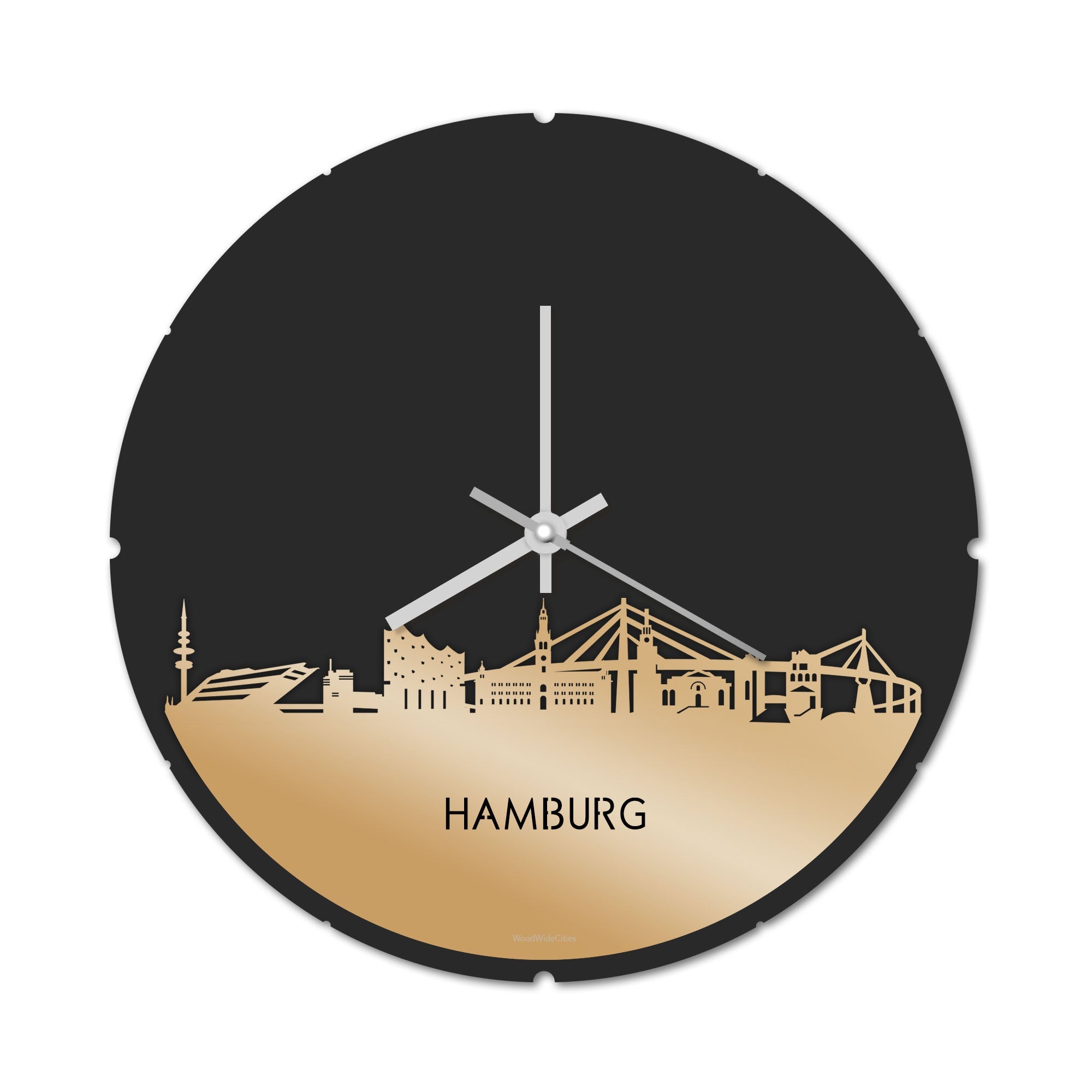 Skyline Klok Rond Hamburg Metallic Goud gerecycled kunststof cadeau decoratie relatiegeschenk van WoodWideCities