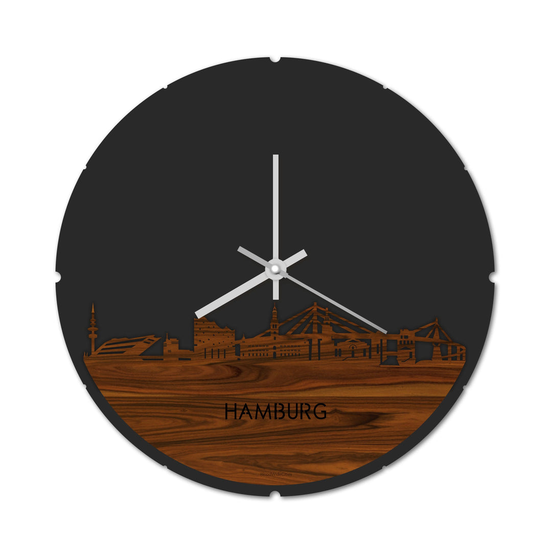 Skyline Klok Rond Hamburg Palissander houten cadeau decoratie relatiegeschenk van WoodWideCities
