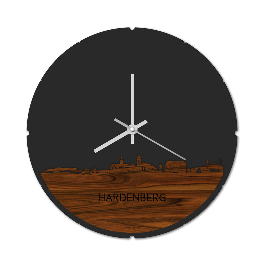 Skyline Klok Rond Hardenberg Palissander houten cadeau decoratie relatiegeschenk van WoodWideCities