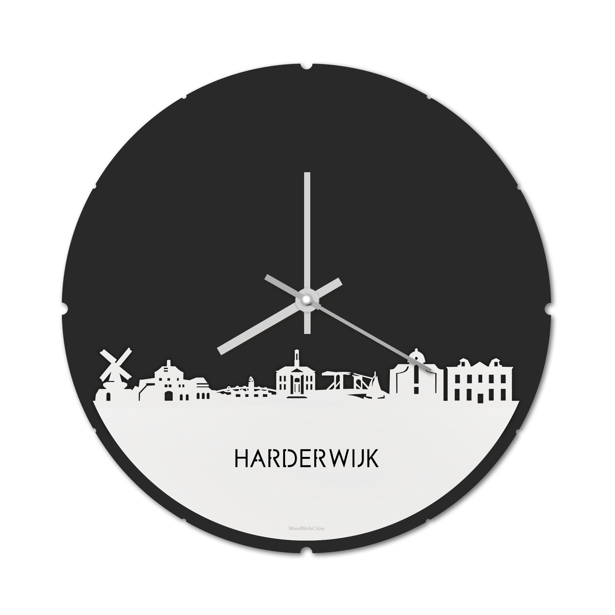 Skyline Klok Rond Harderwijk Wit glanzend gerecycled kunststof cadeau decoratie relatiegeschenk van WoodWideCities