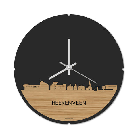 Skyline Klok Rond Heerenveen  Bamboe houten cadeau decoratie relatiegeschenk van WoodWideCities