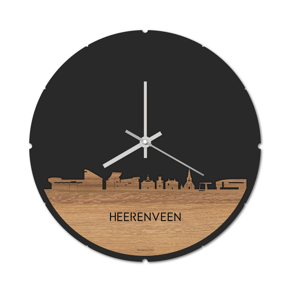 Skyline Klok Rond Heerenveen Eiken Eiken houten cadeau decoratie relatiegeschenk van WoodWideCities