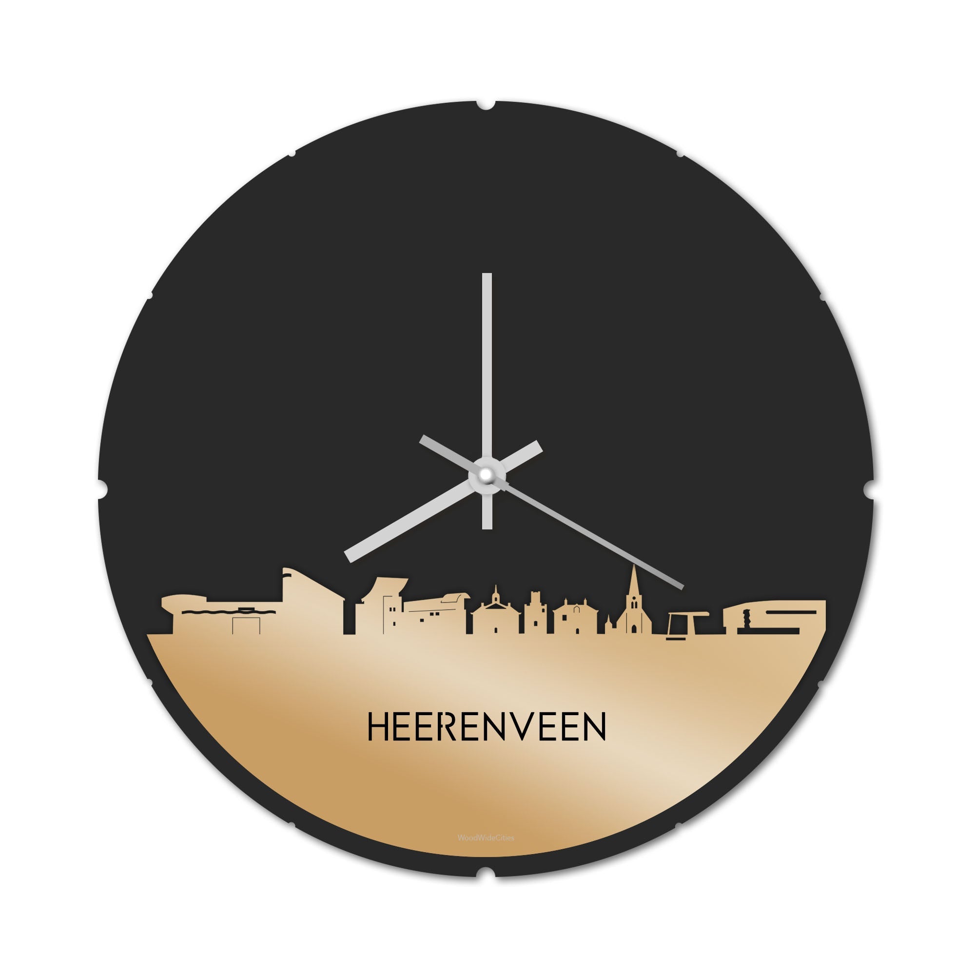 Skyline Klok Rond Heerenveen Metallic Goud gerecycled kunststof cadeau decoratie relatiegeschenk van WoodWideCities