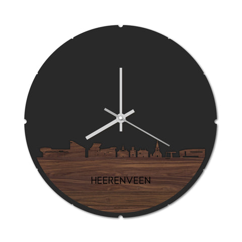 Skyline Klok Rond Heerenveen Noten Noten houten cadeau decoratie relatiegeschenk van WoodWideCities