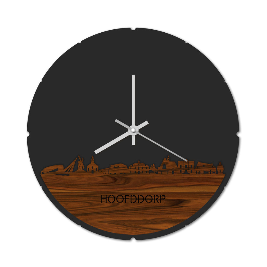 Skyline Klok Rond Hoofddorp Palissander houten cadeau decoratie relatiegeschenk van WoodWideCities