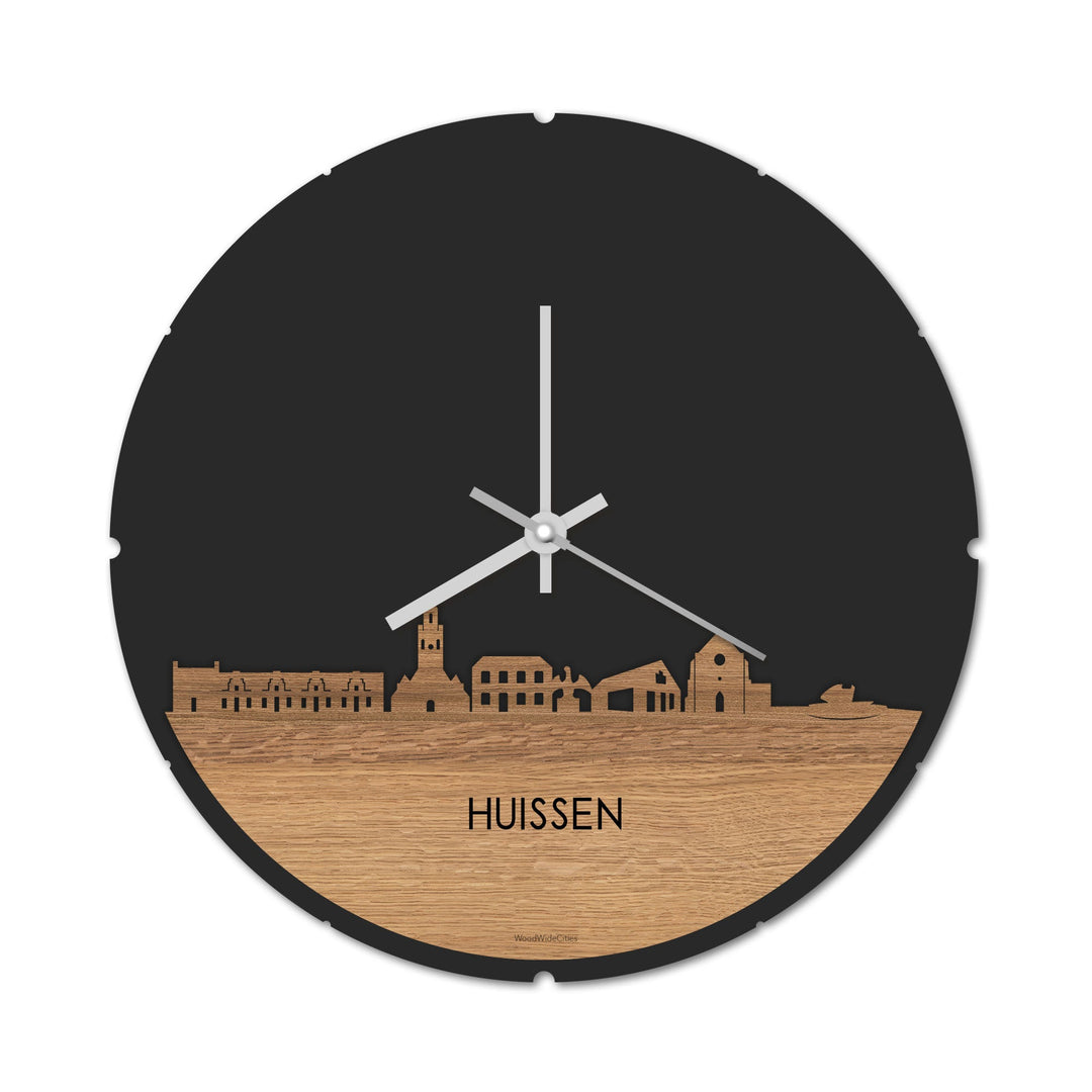 Skyline Klok Rond Huissen Eiken houten cadeau decoratie relatiegeschenk van WoodWideCities