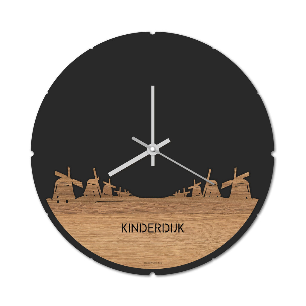 Skyline Klok Rond Kinderdijk Eiken houten cadeau decoratie relatiegeschenk van WoodWideCities