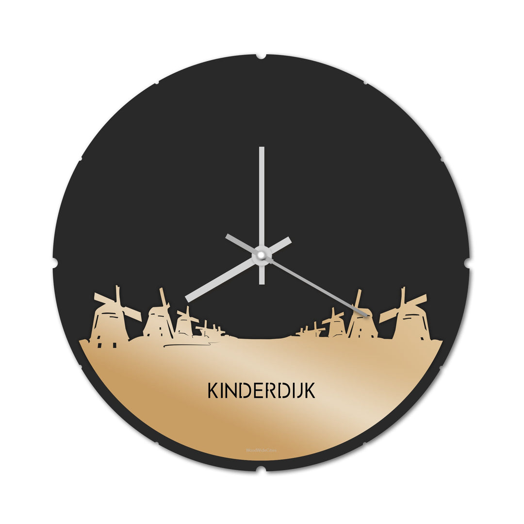 Skyline Klok Rond Kinderdijk Metallic Goud gerecycled kunststof cadeau decoratie relatiegeschenk van WoodWideCities