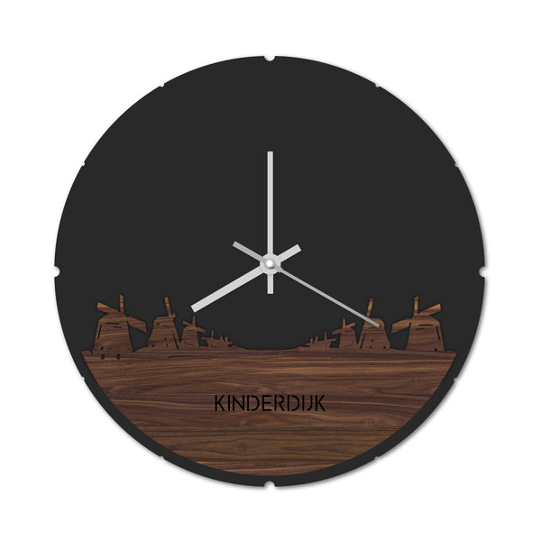 Skyline Klok Rond Kinderdijk Noten houten cadeau decoratie relatiegeschenk van WoodWideCities
