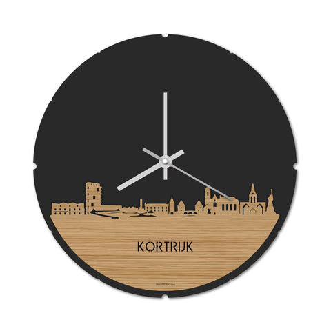 Skyline Klok Rond Kortrijk Bamboe houten cadeau decoratie relatiegeschenk van WoodWideCities