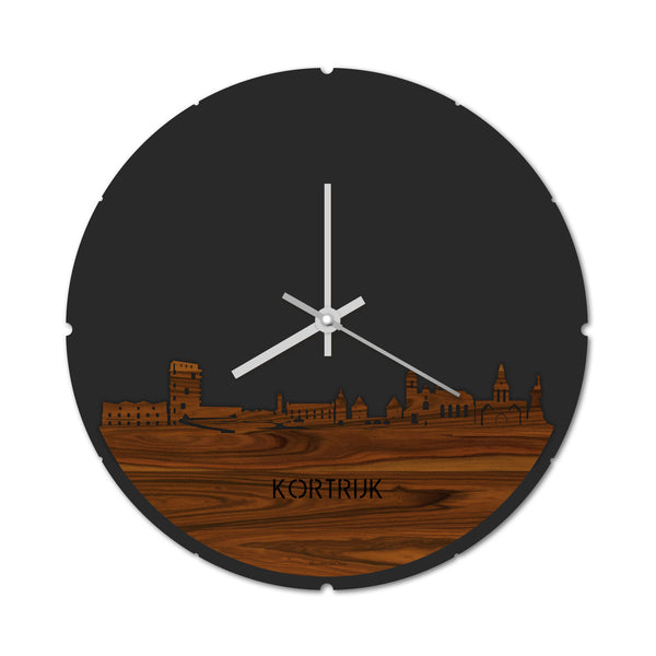 Skyline Klok Rond Kortrijk Palissander houten cadeau decoratie relatiegeschenk van WoodWideCities