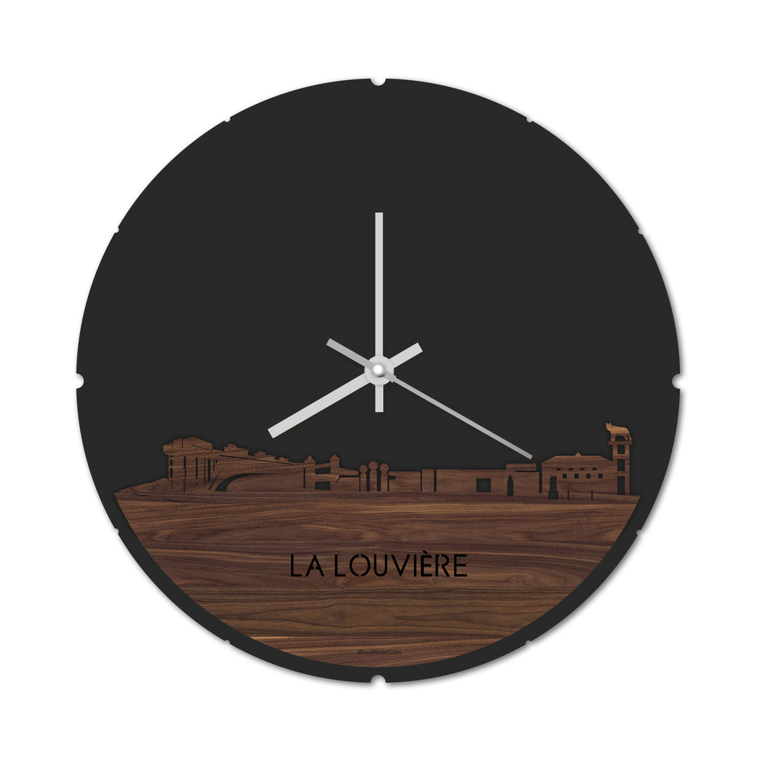 Skyline Klok Rond La Louvière Noten houten cadeau decoratie relatiegeschenk van WoodWideCities
