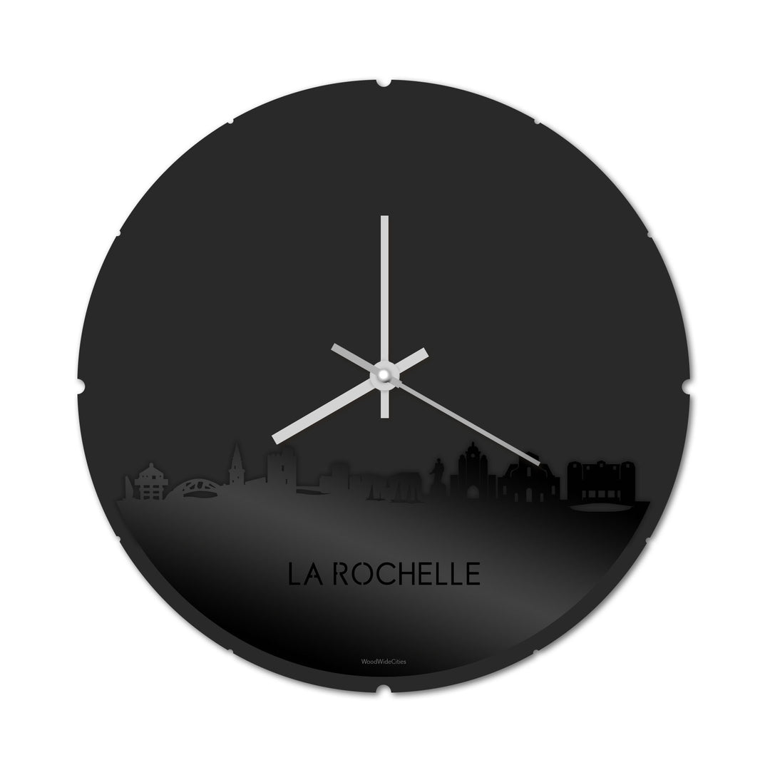 Skyline Klok Rond La Rochelle Zwart glanzend gerecycled kunststof cadeau decoratie relatiegeschenk van WoodWideCities