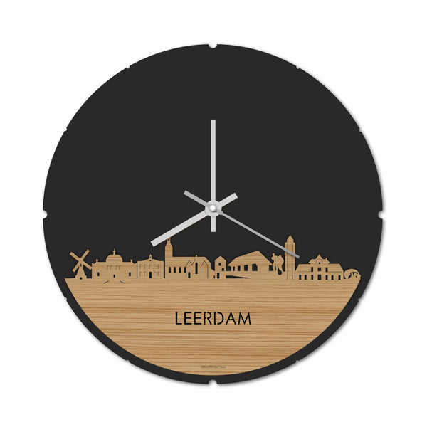 Skyline Klok Rond Leerdam Bamboe houten cadeau decoratie relatiegeschenk van WoodWideCities