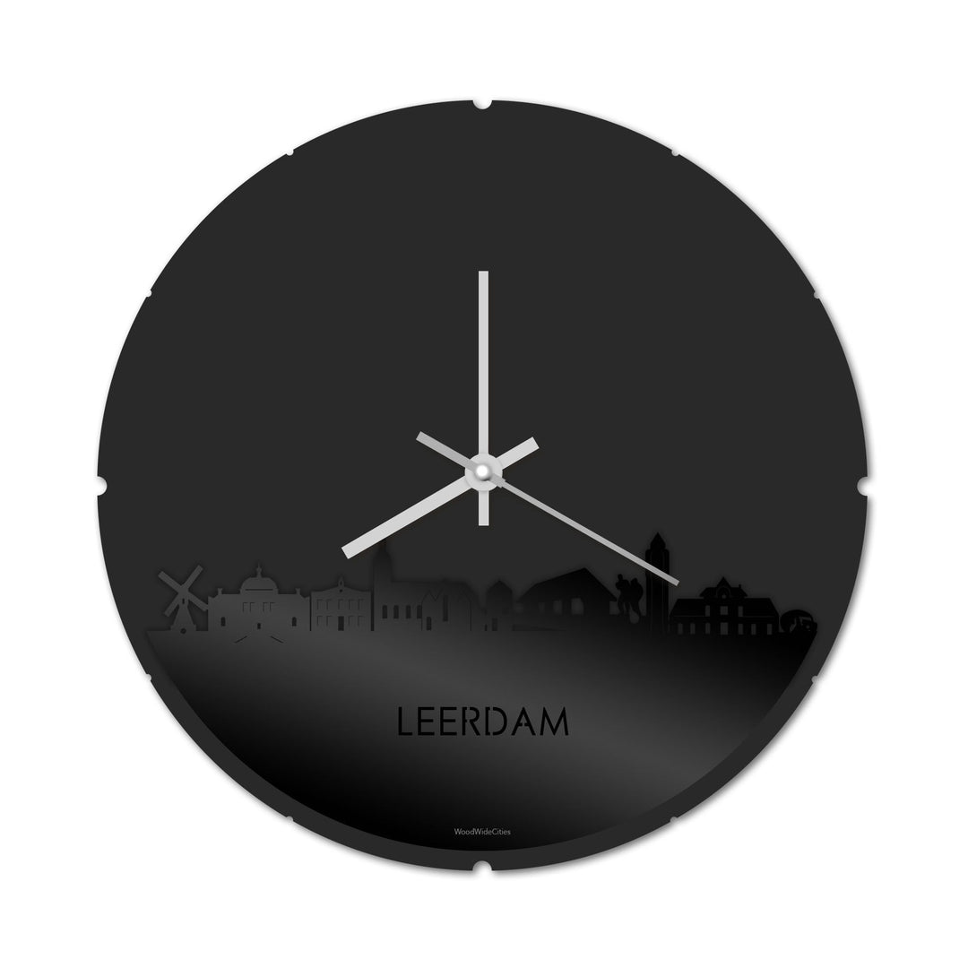 Skyline Klok Rond Leerdam Zwart glanzend gerecycled kunststof cadeau decoratie relatiegeschenk van WoodWideCities