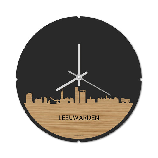 Skyline Klok Rond Leeuwarden Bamboe houten cadeau decoratie relatiegeschenk van WoodWideCities