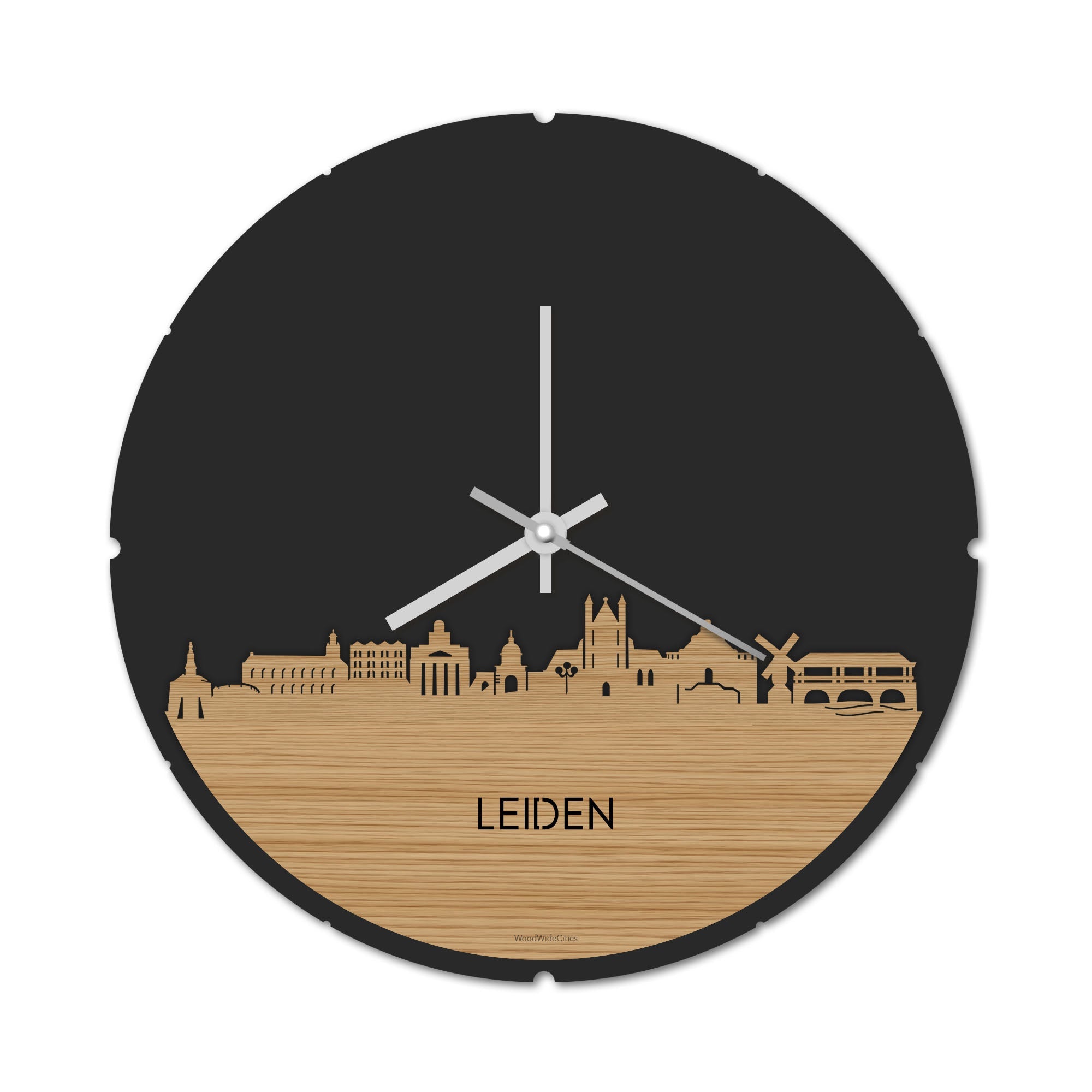 Skyline Klok Rond Leiden Bamboe houten cadeau decoratie relatiegeschenk van WoodWideCities