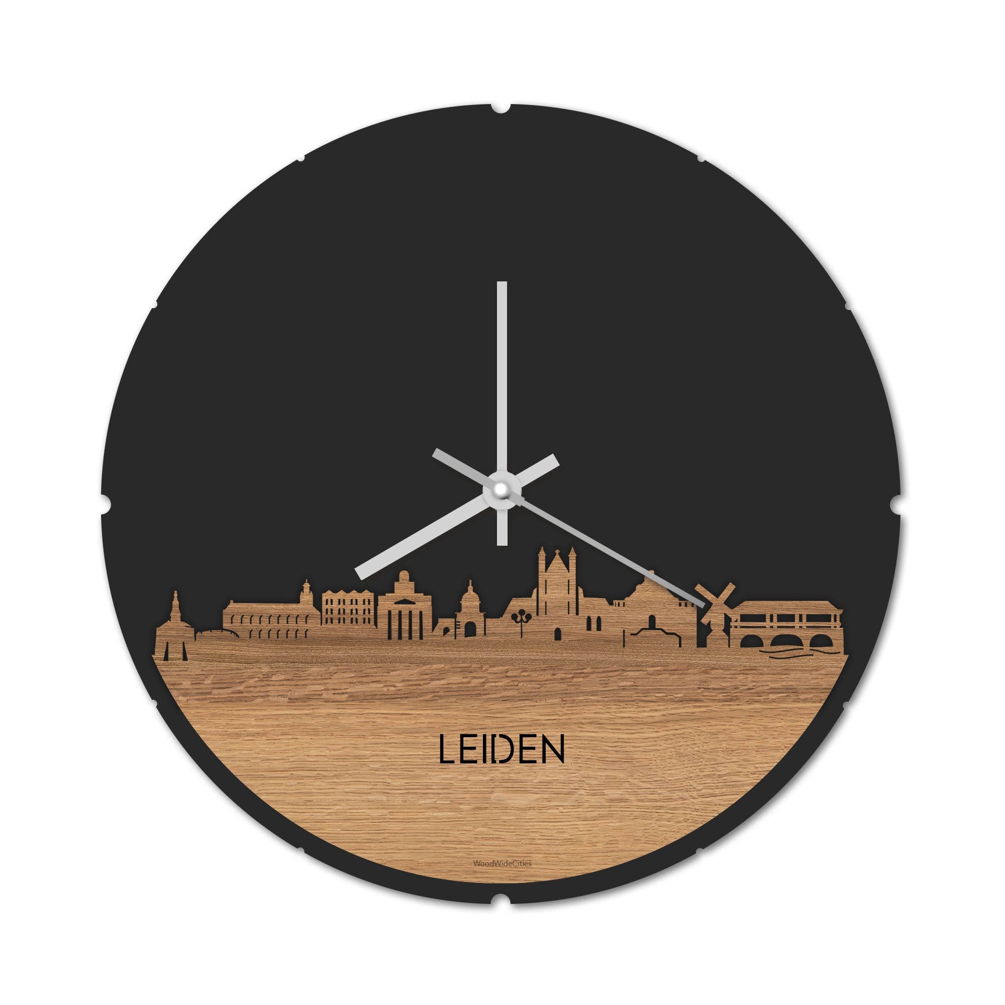 Skyline Klok Rond Leiden Eiken houten cadeau decoratie relatiegeschenk van WoodWideCities